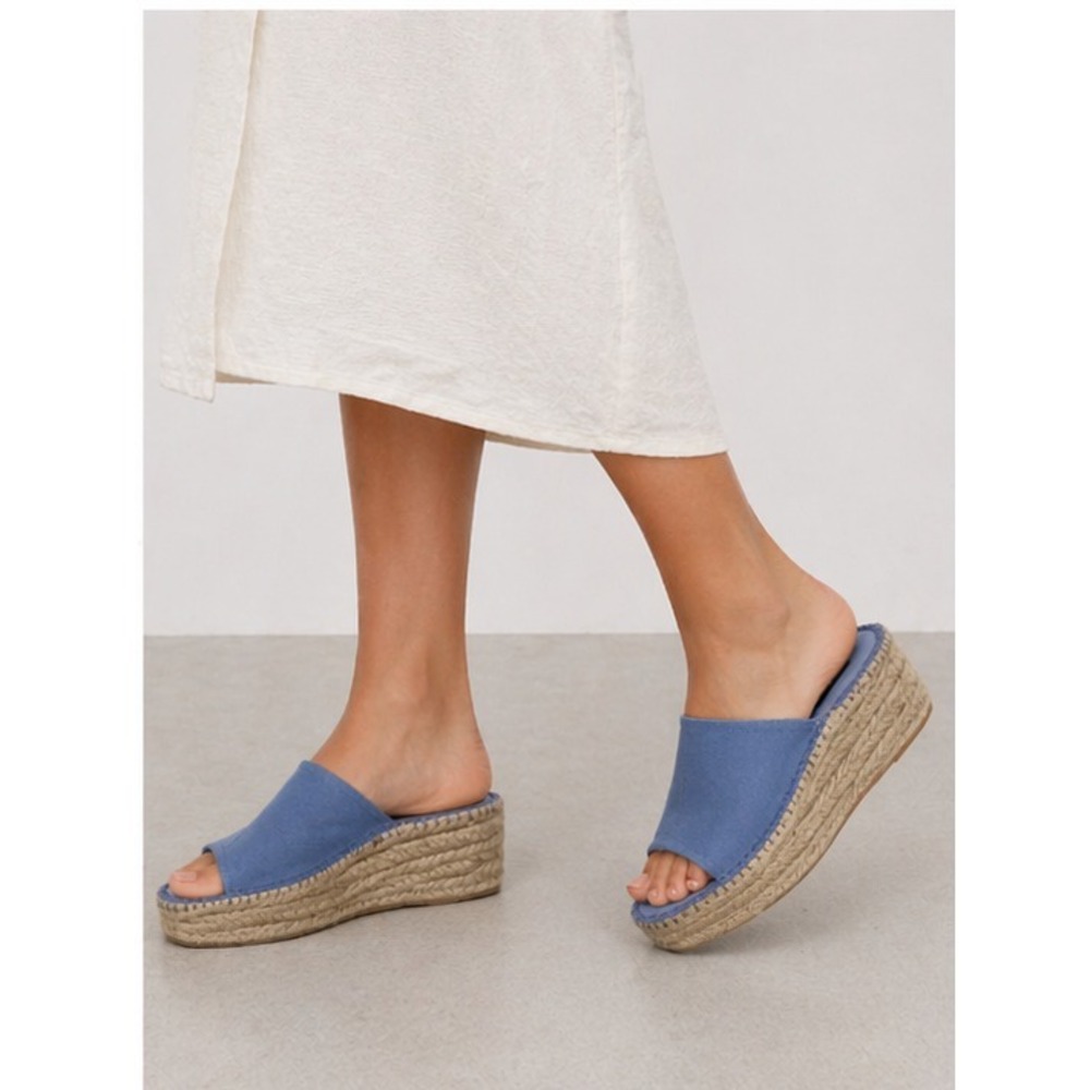 Colin Stuart Blue Platform Espadrille Slide Sandals Peep Toe Size 7 Boho Coastal